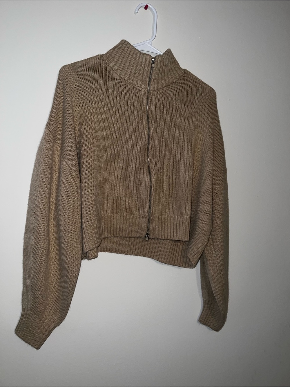 Divided Cropped Zip Front Turtleneck Sweater - Tan